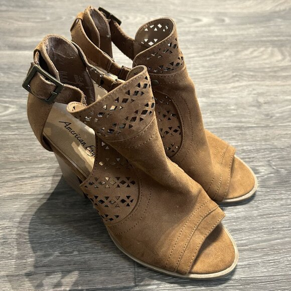 American Eagle Open Toe Block Heels Size 7 Cut Out Buckled Booties Tan Brown - Picture 9 of 10